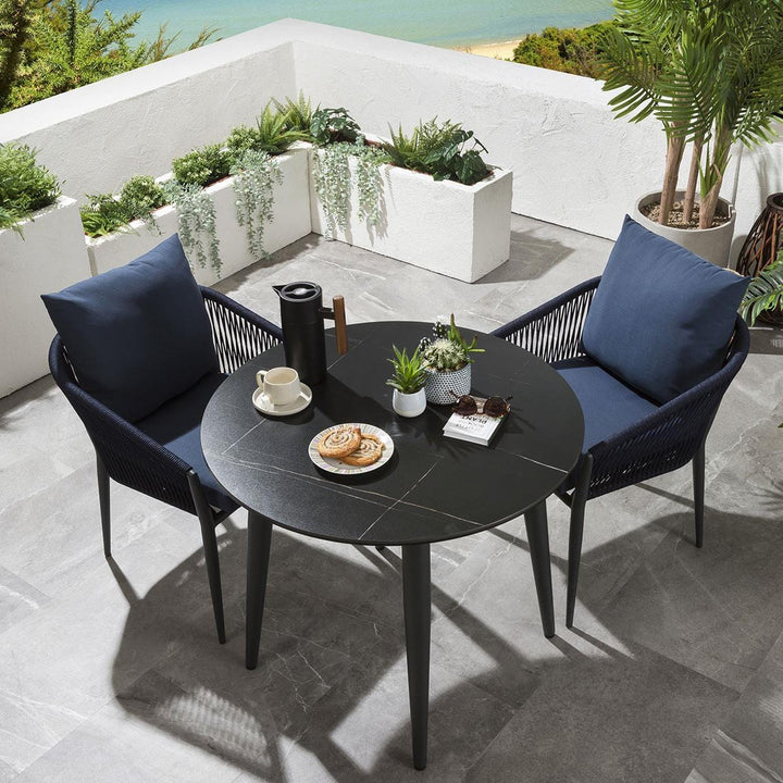 Luis Outdoor Patio Seating Set 2 Chairs and 1 Table Set (Black+Blue) Braided & Rope