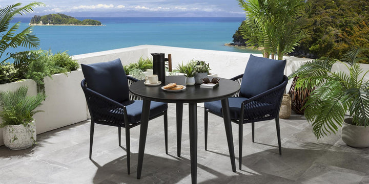 Luis Outdoor Patio Seating Set 2 Chairs and 1 Table Set (Black+Blue) Braided & Rope