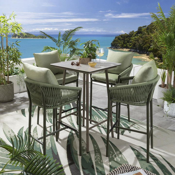 Rocío Outdoor Patio Bar Set 4 Chairs and 1 Table Set (Green) Braided & Rope