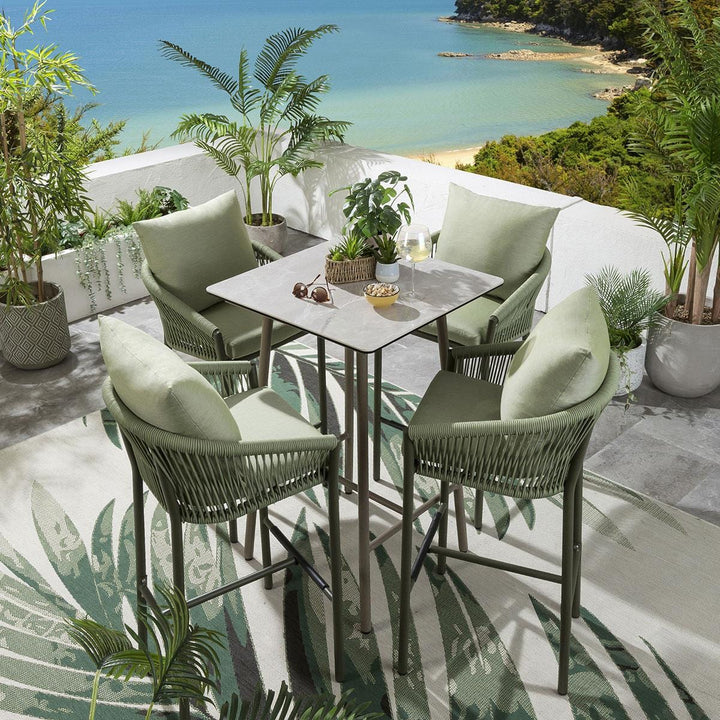 Rocío Outdoor Patio Bar Set 4 Chairs and 1 Table Set (Green) Braided & Rope