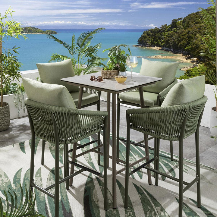 Rocío Outdoor Patio Bar Set 4 Chairs and 1 Table Set (Green) Braided & Rope