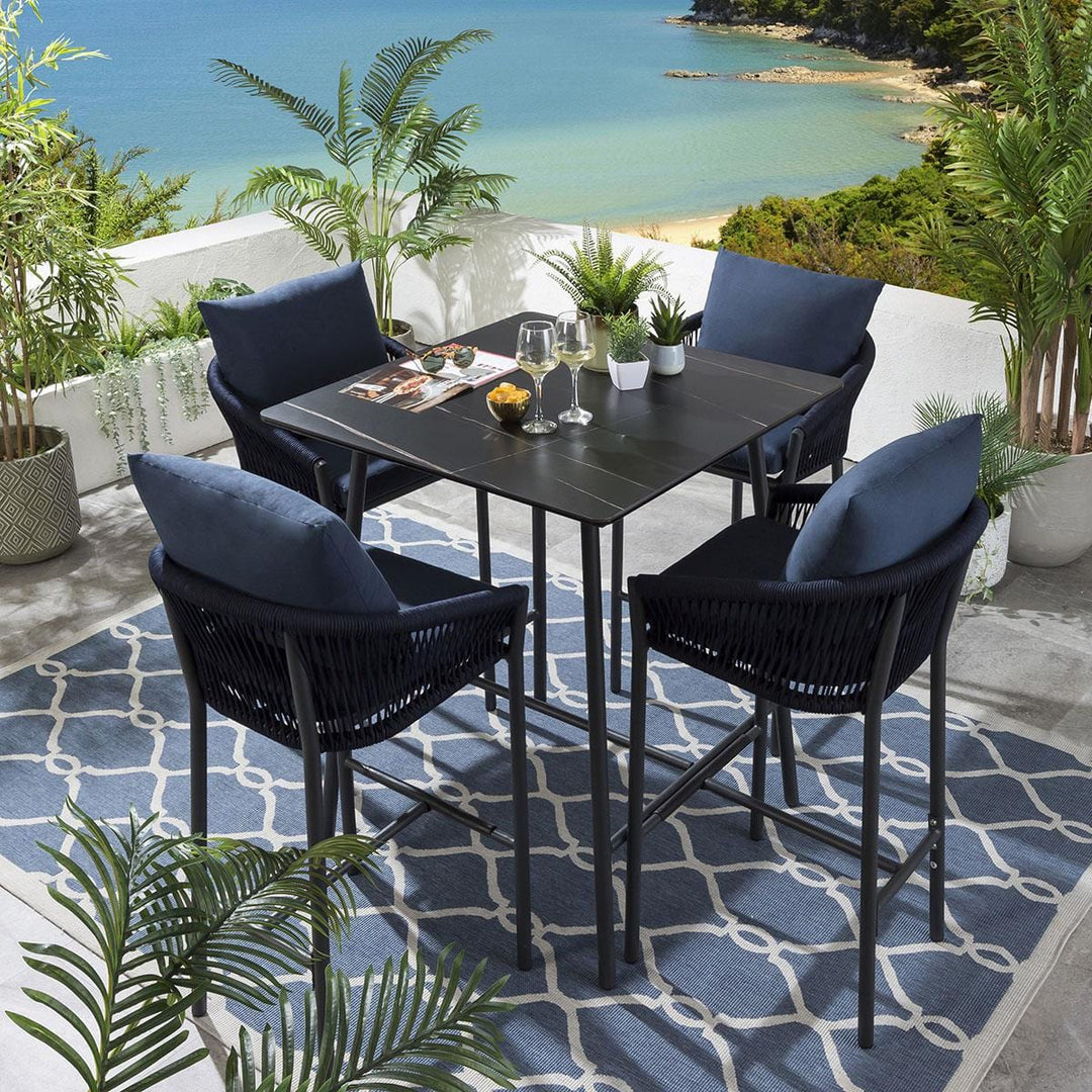 Olalla Outdoor Patio Bar Set Chairs and Table Set (Blue) Braided Rope