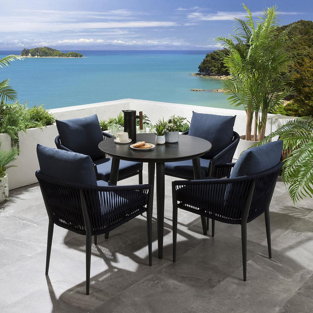 Hernando Outdoor Garden Patio Dining Set Chairs and Table Set (Blue+Black) Braided Rope