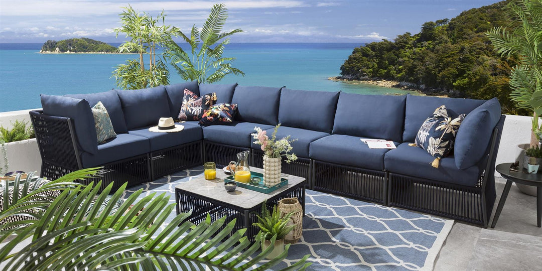 Valencia Outdoor Sofa Set 7 Seater, 1 Center Table Set (Blue) Braided & Rope