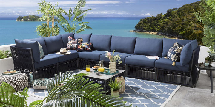 Valencia Outdoor Sofa Set 7 Seater, 1 Center Table Set (Blue) Braided & Rope