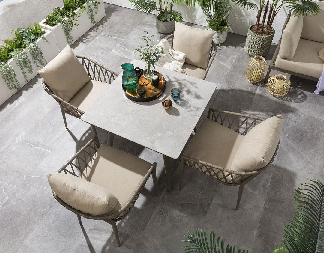 Carlos Outdoor Garden Patio Dining Set 4 Chairs and 1 Table Set (Beige) Braided & Rope