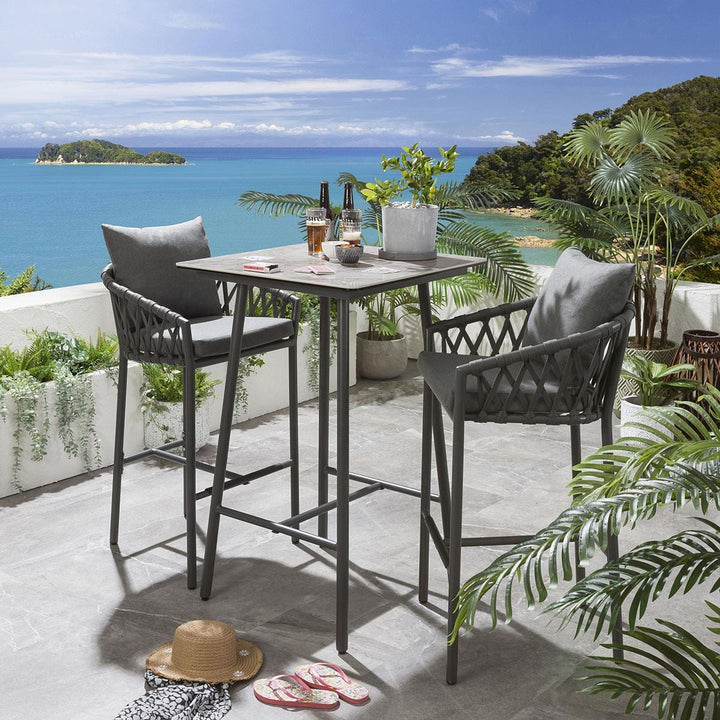 Teófila Outdoor Patio Bar Set 2 Chairs and 1 Table Set Braided & Rope