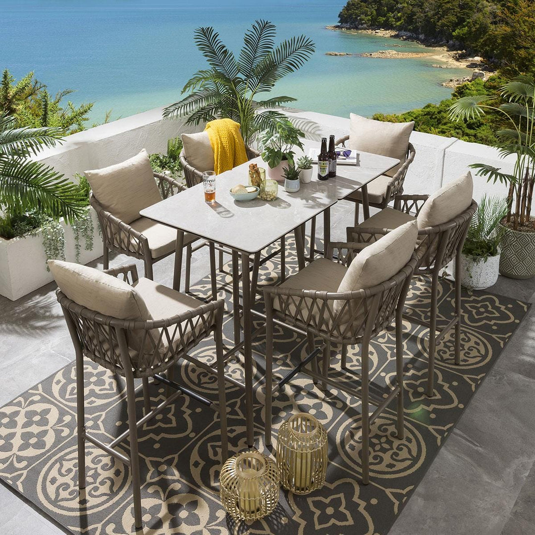 Rafaela Outdoor Patio Bar Set 6 Chairs and 1 Table Set Braided & Rope