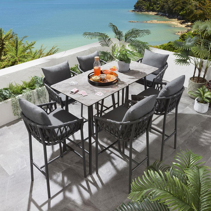 Rafaela Outdoor Patio Bar Set 6 Chairs and 1 Table Set Braided & Rope