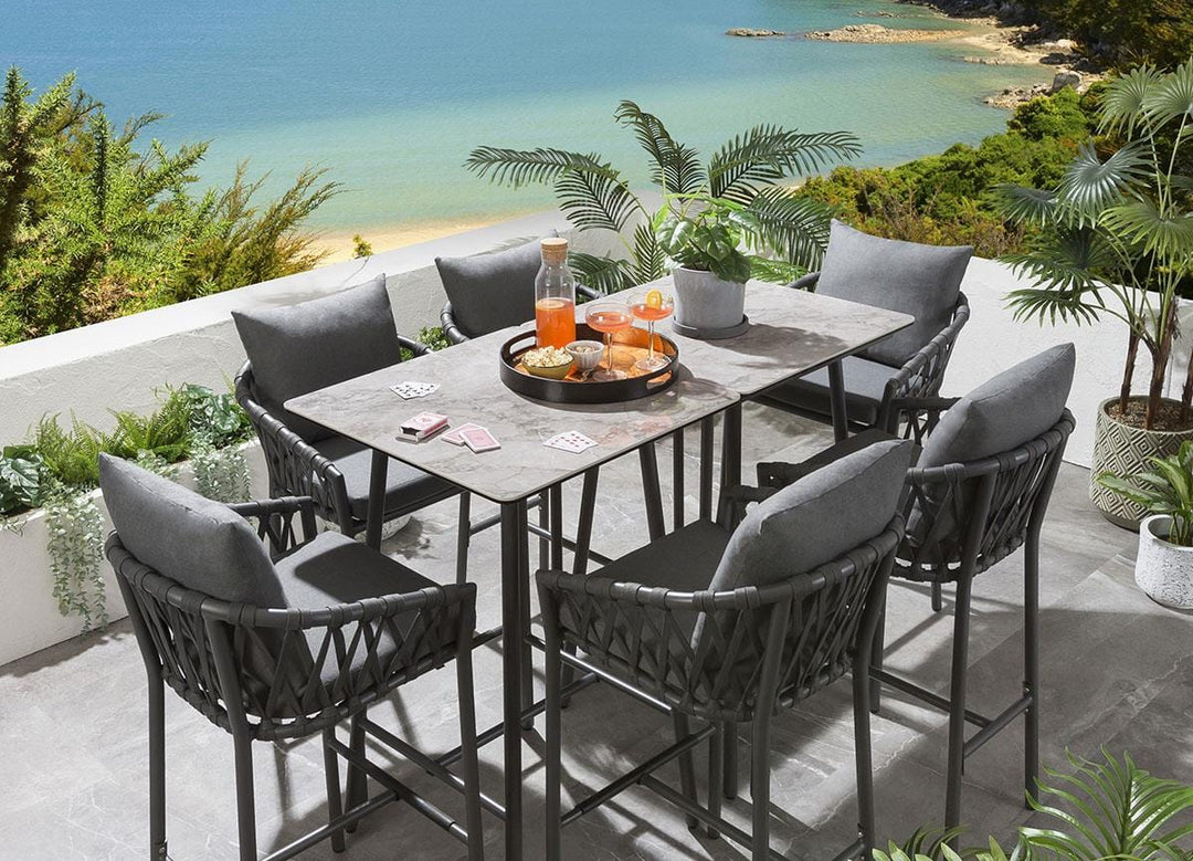 Rafaela Outdoor Patio Bar Set 6 Chairs and 1 Table Set Braided & Rope