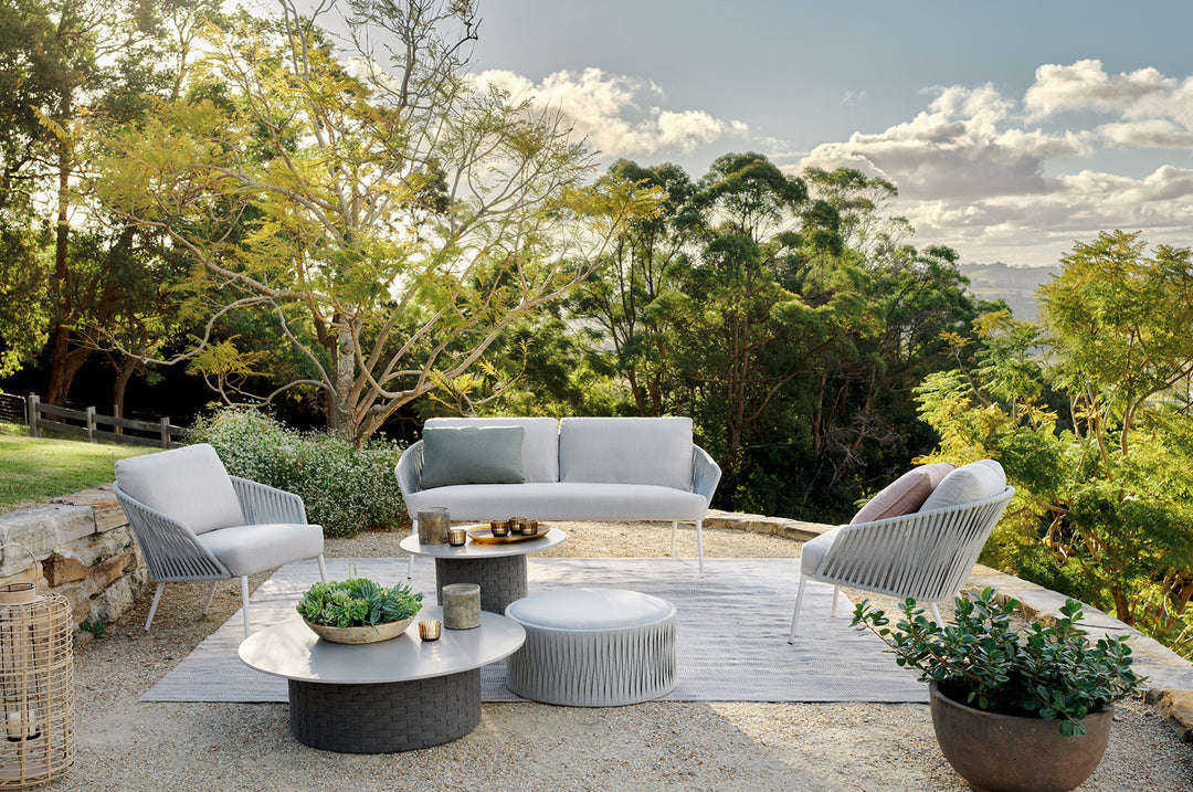 Eustacia Outdoor Sofa Set 2 Seater, 2 Single Seater, 1 Ottoman, 1 Center Table + 1 side table Set  (Grey)  Braided & Rope