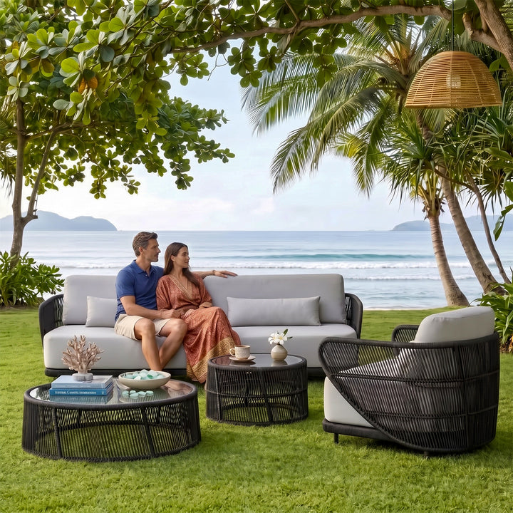 Zym Folk Outdoor Garden Balcony Sofa Set 3 Seater , 1 Single Seater 1 Center Table 1 Side Table Set (Grey) Braided and Rope