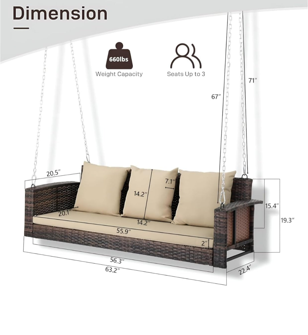 Nioga Three Seater Hanging Swing Without Stand For Balcony , Garden Swing (Brown)