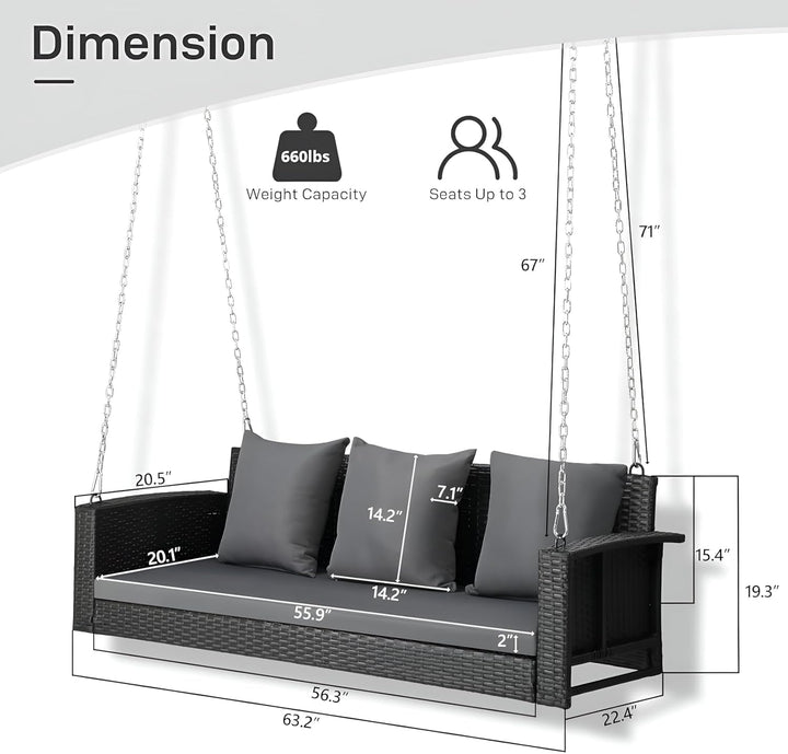 Vito Three Seater Hanging Swing Without Stand For Balcony , Garden Swing (Black)
