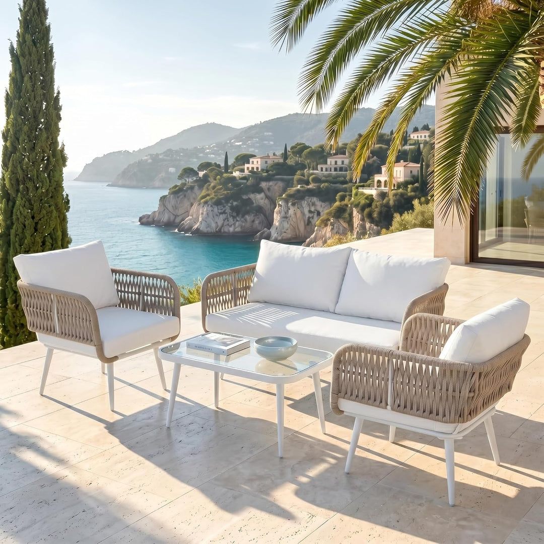 Polari Outdoor Garden Balcony Sofa Set 2 Seater , 2 Single Seater 1 Center Table Set (Grey) Braided and Rope