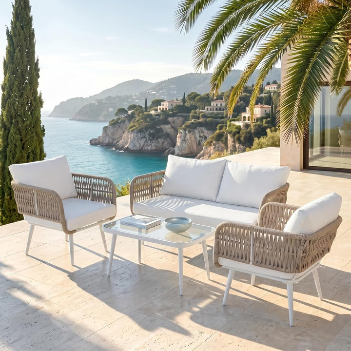 Polari Outdoor Garden Balcony Sofa Set 2 Seater , 2 Single Seater 1 Center Table Set (Grey) Braided and Rope