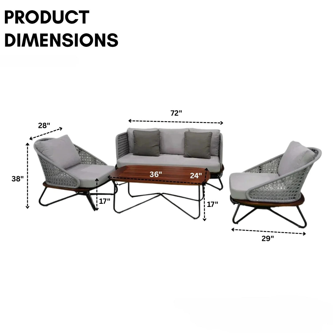 Marcela Outdoor Sofa Set 3 Seater, 2 Single seater and 1 Center Table Set (Grey) Braided & Rope