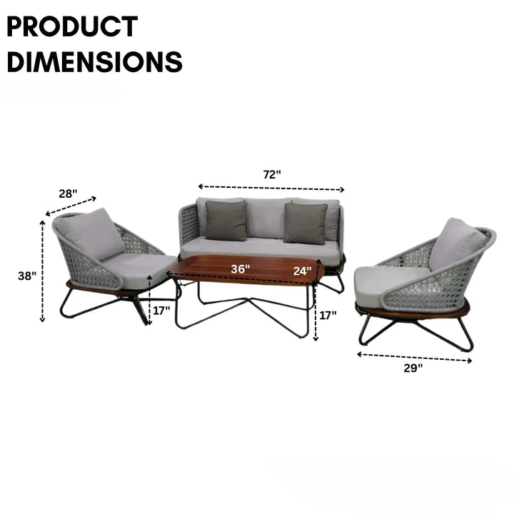 Marcela Outdoor Sofa Set 3 Seater, 2 Single seater and 1 Center Table Set (Grey) Braided & Rope