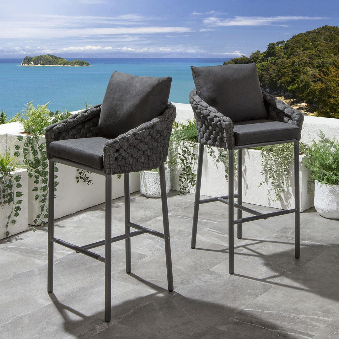 Roque Outdoor Patio Bar Set 4 Chairs and 1 Table Set (Black) Braided & Rope