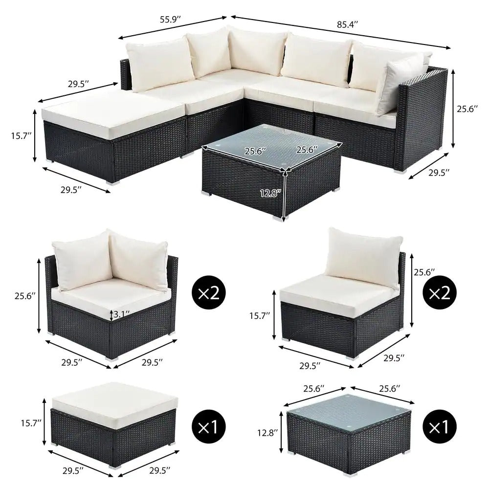 Ollie Outdoor Patio Sofa Set 4 Seater and 1 Table With 1 Ottoman Set (Black + Cream)