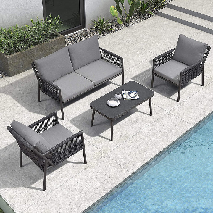 Deny Outdoor Sofa Set 2 Seater , 2 Single seater and 1 Center Table Set (Grey) Braided & Rope