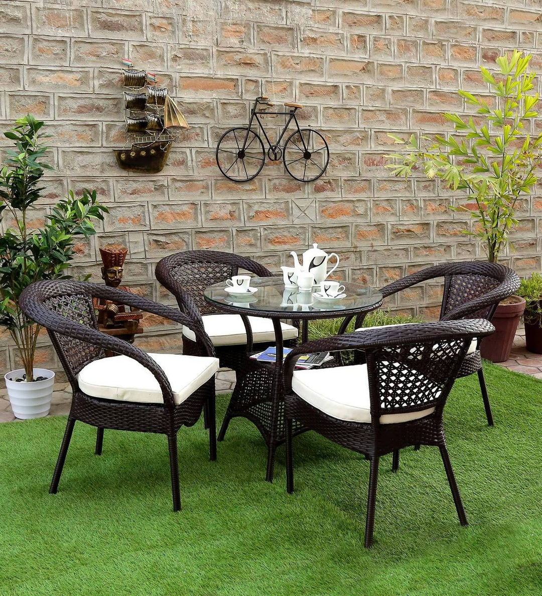 Dreamline Outdoor Furniture Garden Patio Seating Set 1+4 4 Chairs and Table Set Balcony Furniture Coffee Table Set (Dark Brown)