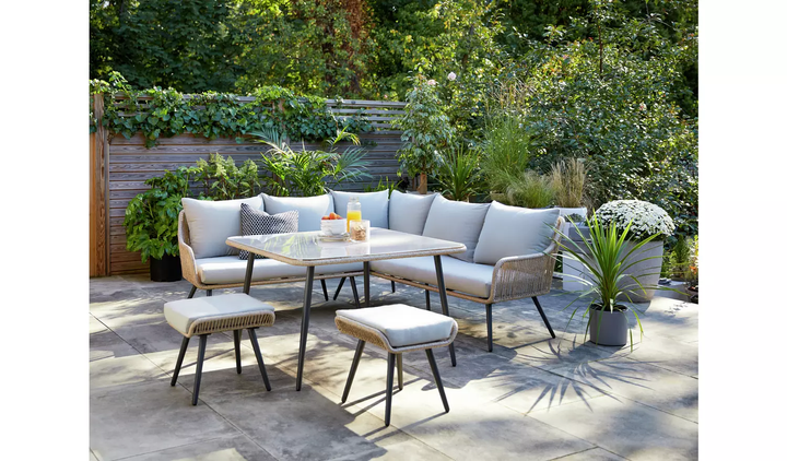 Stash Outdoor Garden Balcony Sofa Set 5 Seater  and 1 Center Table With 2 Ottoman Set (Beige)