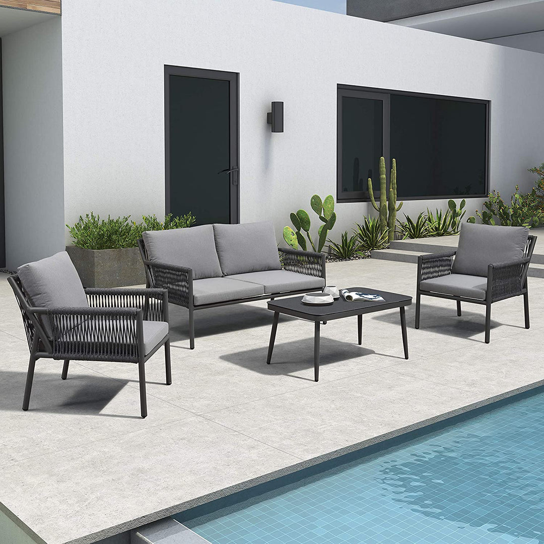 Deny Outdoor Sofa Set 2 Seater , 2 Single seater and 1 Center Table Set (Grey) Braided & Rope