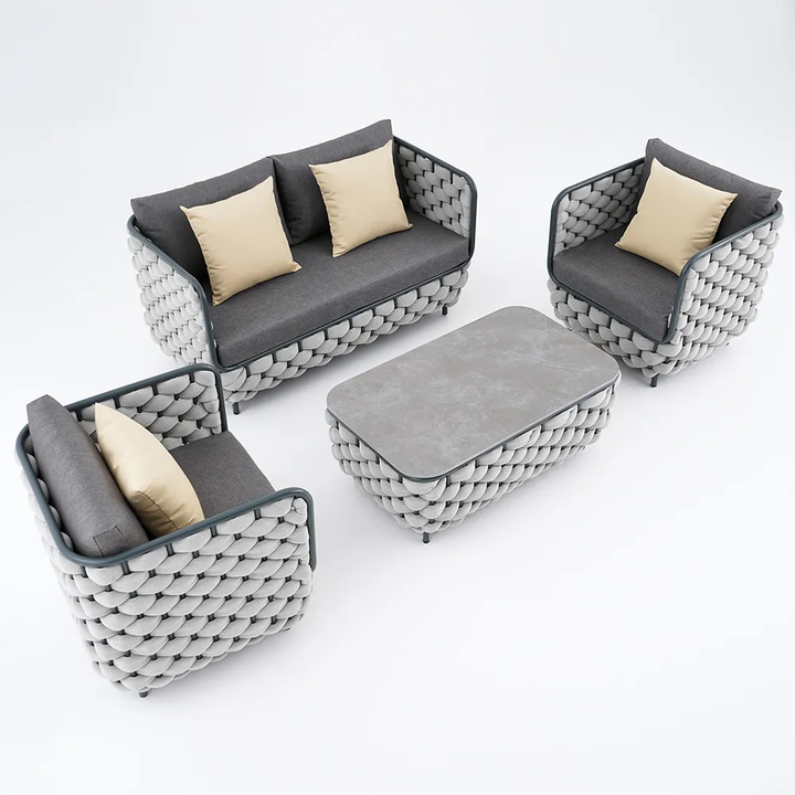 Fepel Outdoor Garden Balcony Sofa Set 2 Seater, 2 Single seater and 1 Center Table Set, Braid & Rope
