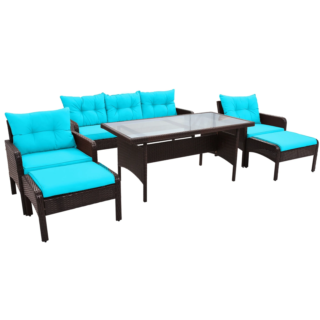 Flecto Outdoor Garden Balcony Sofa Set 3 Seater, 2 Single seater and 1 Center Table and 2 Ottoman Set (Brown + Aqua Blue)