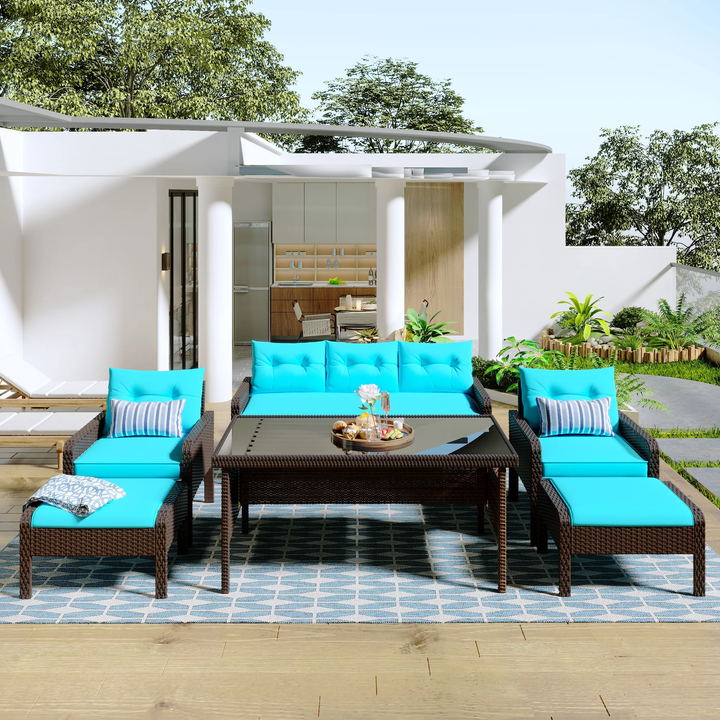 Flecto Outdoor Garden Balcony Sofa Set 3 Seater, 2 Single seater and 1 Center Table and 2 Ottoman Set (Brown + Aqua Blue)