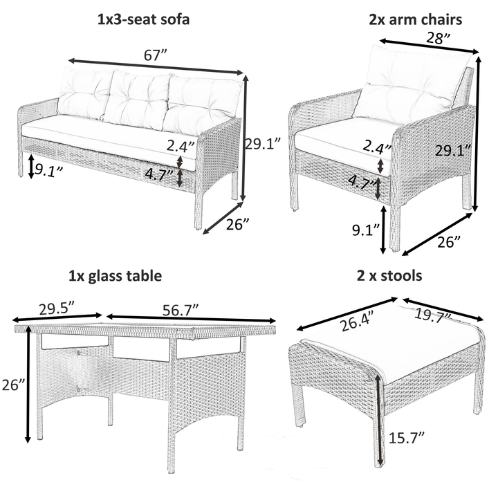 Flecto Outdoor Garden Balcony Sofa Set 3 Seater, 2 Single seater and 1 Center Table and 2 Ottoman Set (Brown + Aqua Blue)