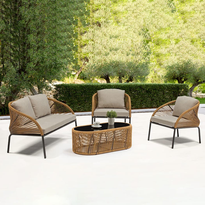 Willa Outdoor Sofa Set 2 Seater , 2 Single seater and 1 Center Table Set (Beige) Braided & Rope