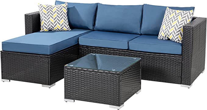 Kelo Outdoor Patio Sofa Set 3 Seater , 1 ottoman and 1 Center Table Set (Black + Navy Blue)