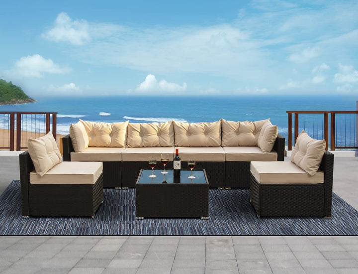 Zullo Outdoor Sofa Set 4 Seater, 2 Single seater and 1 Center Table (Black + Tan)