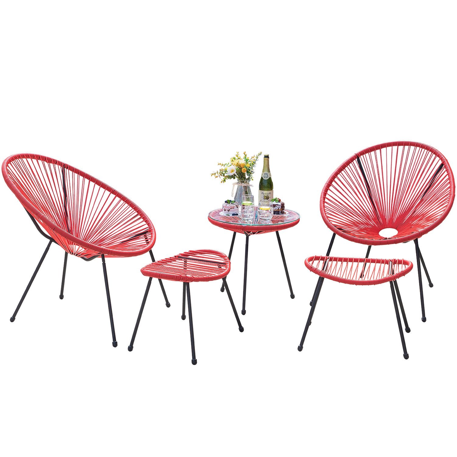 Intra Outdoor Patio Seating Set 2 Chairs 2 Ottoman and Table Set (Red)