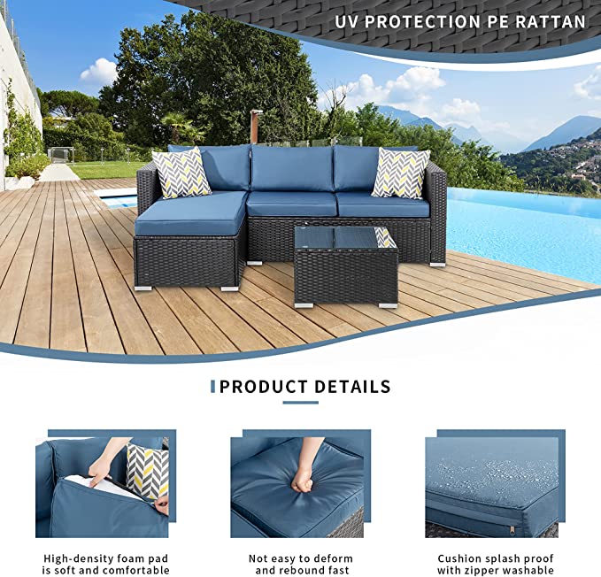 Kelo Outdoor Patio Sofa Set 3 Seater , 1 ottoman and 1 Center Table Set (Black + Navy Blue)