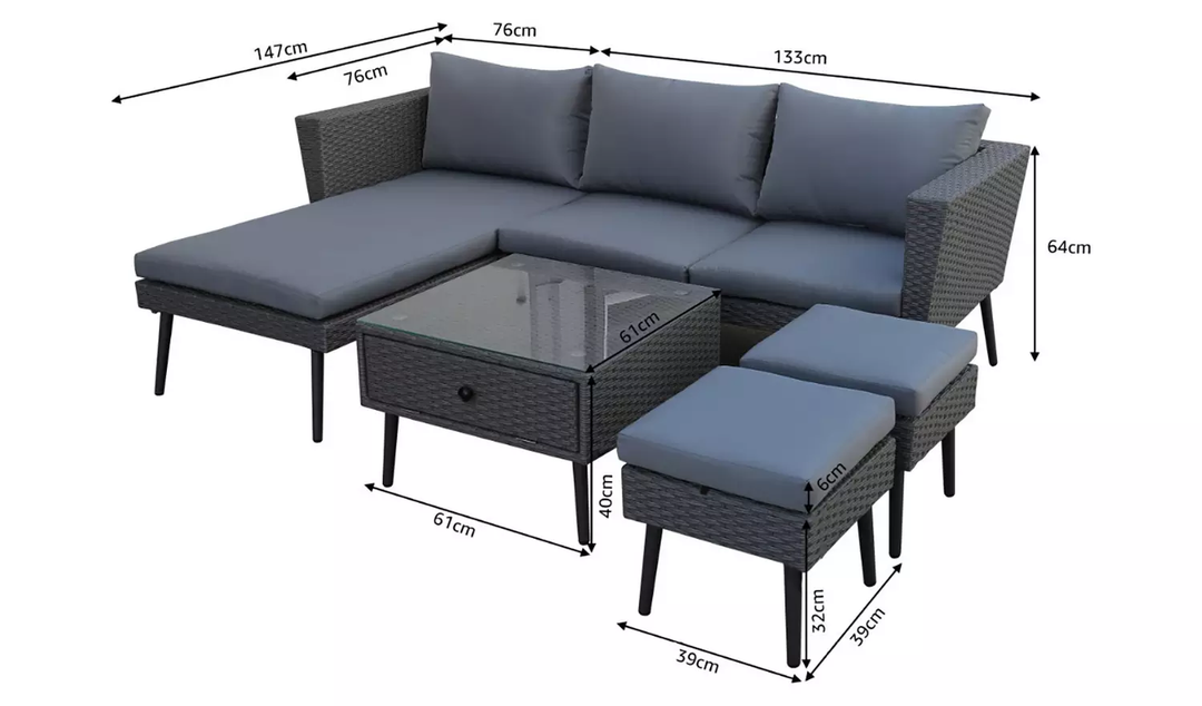 Bettino Outdoor Sofa Set 4 Seater , 2 Single seat and 1 Center Table (Black + Grey)