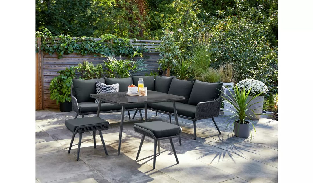RETO Outdoor Sofa Set 5 Seater , 2 ottoman and 1 Center Table Set (Black) Braided & Rope