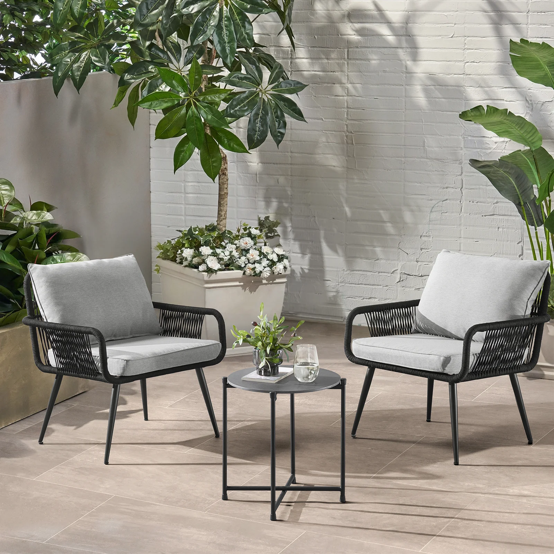 Pulp Outdoor Patio Seating Set 2 Chairs and 1 Table Set (Black) Braided & Rope