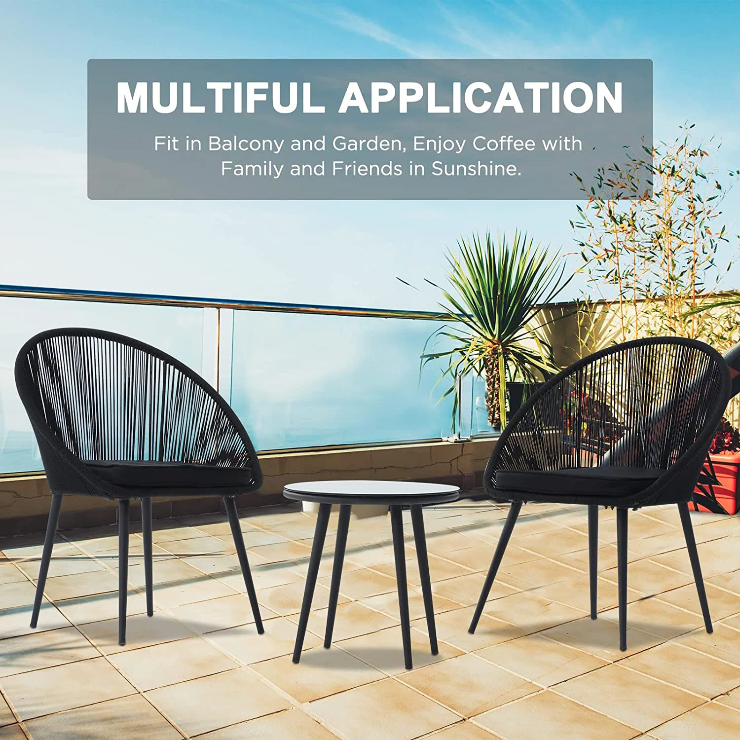 Kaay Outdoor Patio Seating Set 2 Chairs and 1 Table Set (Black)