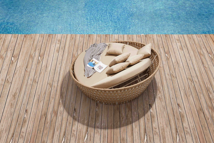 Neck Outdoor Poolside Sunbed With Cushion Daybed (Tan) Braided & Rope