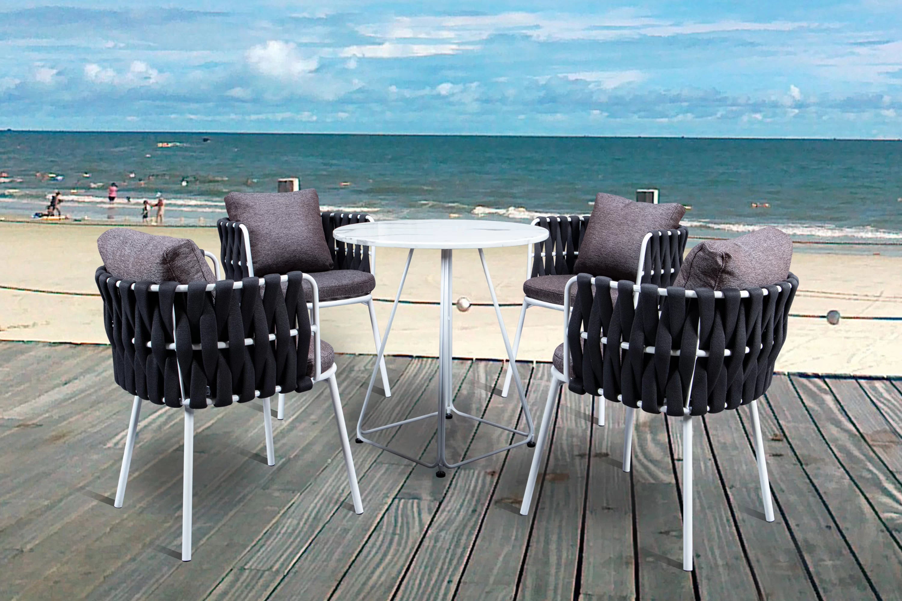 Stack Outdoor Patio Seating Set 4 Chairs and 1 Table Set (Black) Braided & Rope