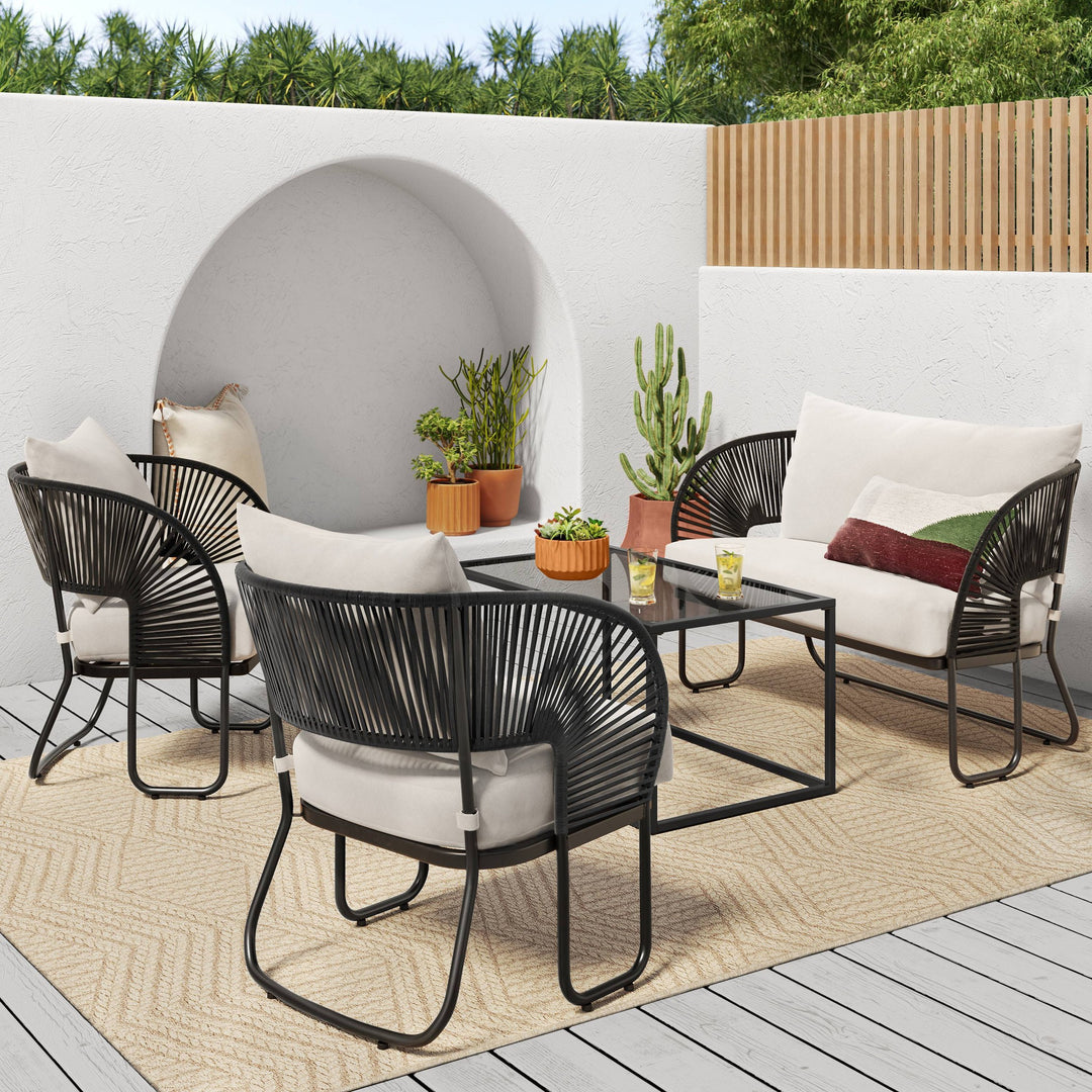 Lucas Outdoor Sofa Set 2 Seater , 2 Single seater and 1 Center Table Set (Black) Braided & Rope