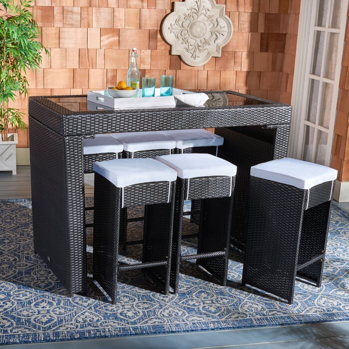 Dreamline Outdoor Bar Sets Garden Patio Bar Sets 1+6 6 Chairs and 1 Table Set Balcony Bar Table Set (Black)