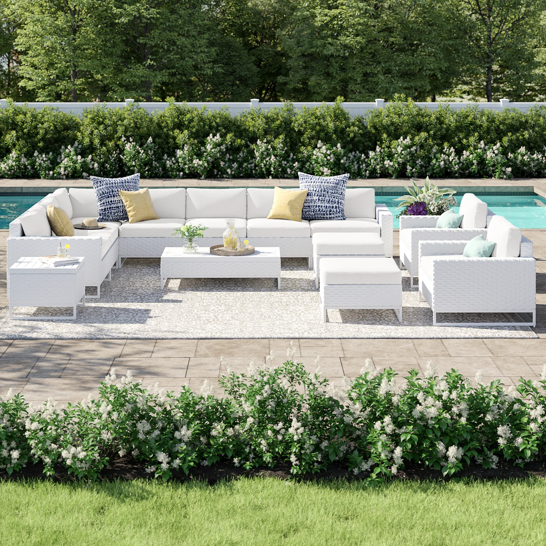 Angerona Outdoor Sofa Set 7 Seater, 2 Single seater and 1 Center Table, 1 Side Table With 2 Ottoman Set (White)