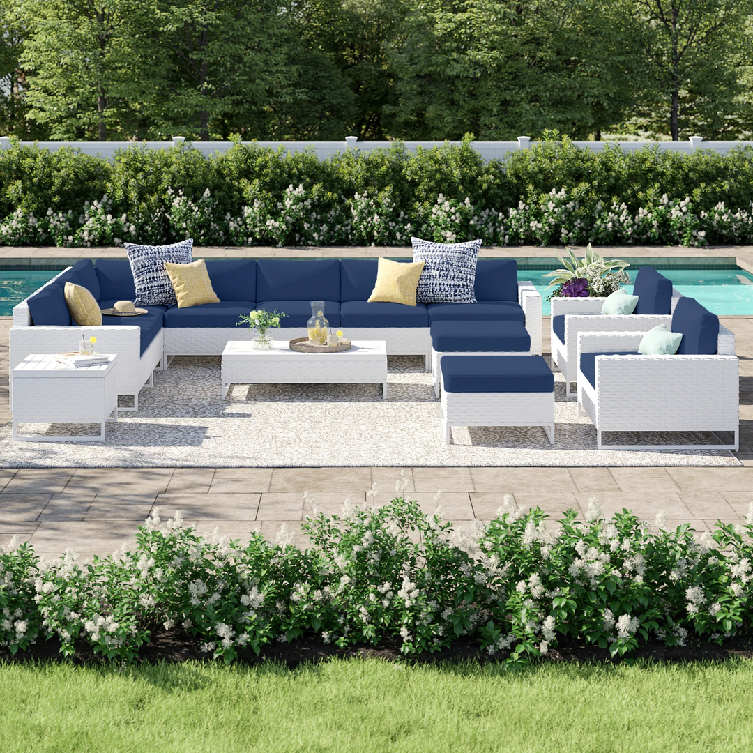 Angerona Outdoor Sofa Set 7 Seater, 2 Single seater and 1 Center Table, 1 Side Table With 2 Ottoman Set (White)