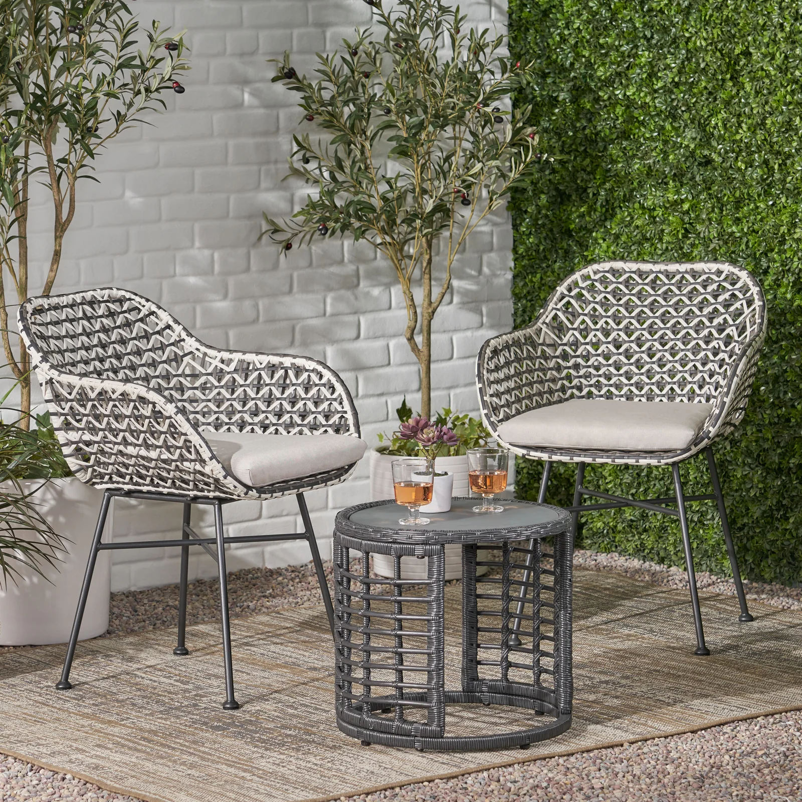 Freddie Outdoor Patio Seating Set 2 Chairs and 1 Table Set (White + Black)