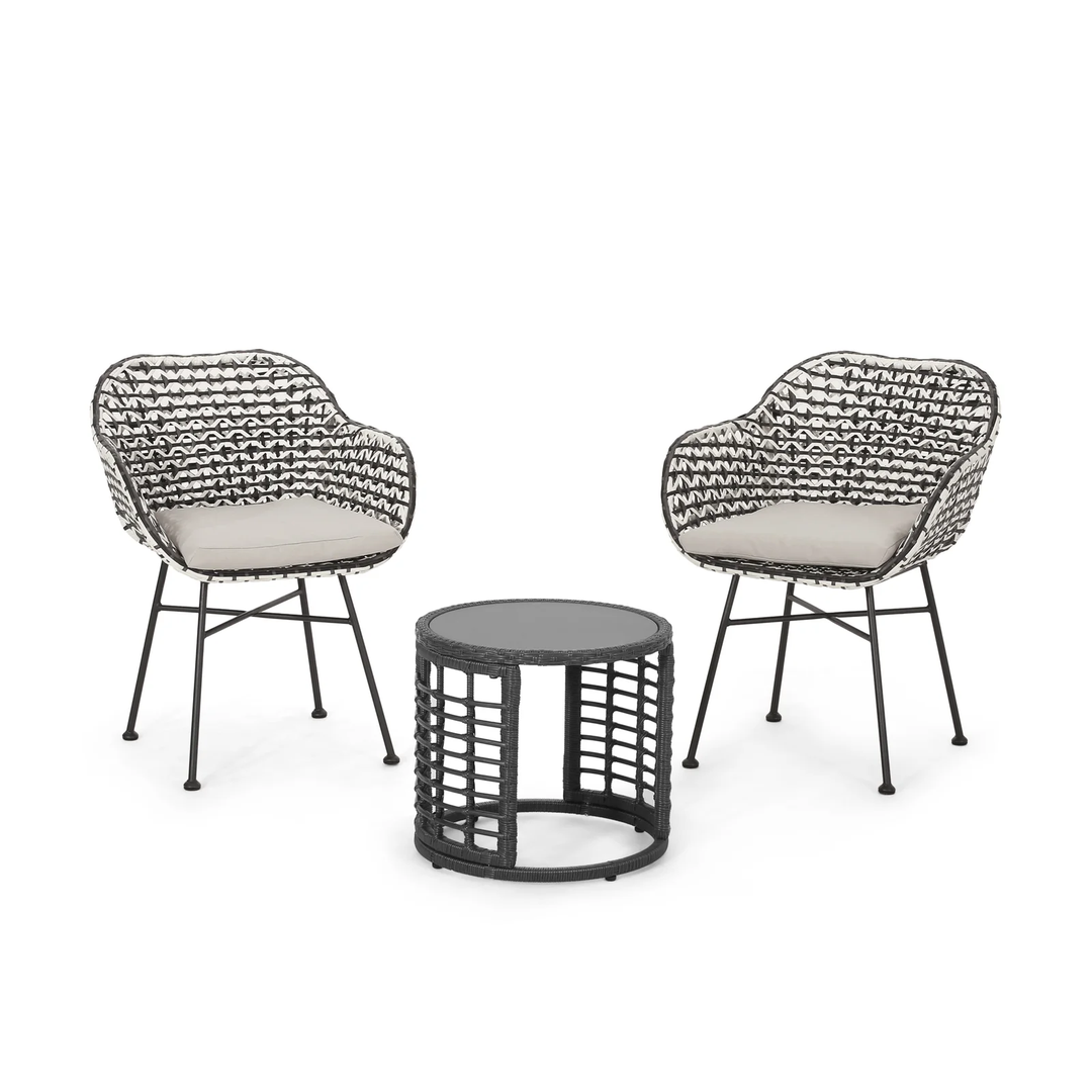 Freddie Outdoor Patio Seating Set 2 Chairs and 1 Table Set (White + Black)