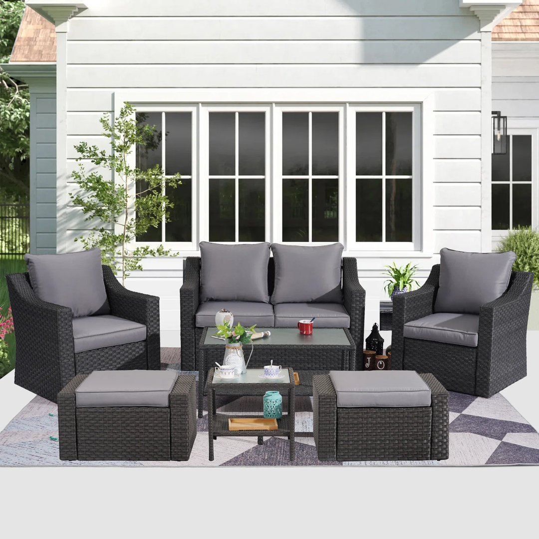 Dreamline Outdoor Garden Balcony Sofa Set 2 Seater 2 Single seater With 2 Ottoman 1 Center Table 1 Side Table Set Outdoor Furniture Black dreamlineoutdoorfurniture